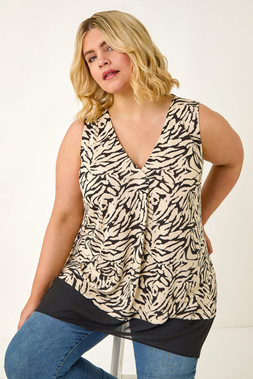 Roman Curve Black Animal Print Chiffon Hem Vest Top