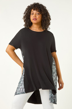 Roman Curve Black Print Mesh Trim T-Shirt