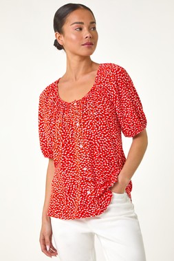 Roman Petite Red Ditsy Print Button Front Top