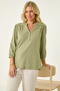 Roman Petite Khaki Embroidered Stretch Top