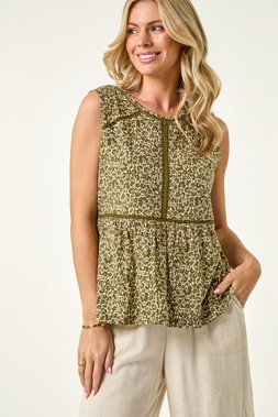 Roman Petite Khaki Floral Print Trim Vest Top