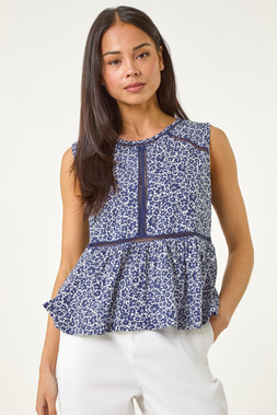 Roman Petite Navy Floral Print Trim Vest Top