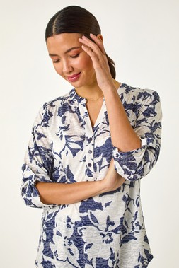 Roman Floral Print Burnout V-Neck Shirt