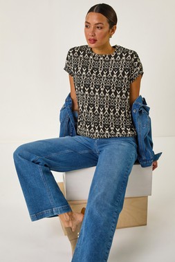 Roman Geometric Ikat Print Bubble Hem Top
