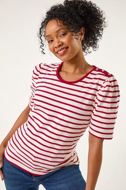 Roman Petite Red Stripe Ruched Sleeve Top