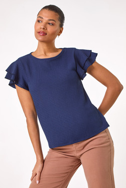 Roman Navy Textured Frill Sleeve T-Shirt