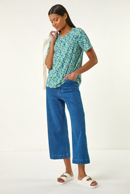 Roman Teal Ikat Print Stretch T-Shirt