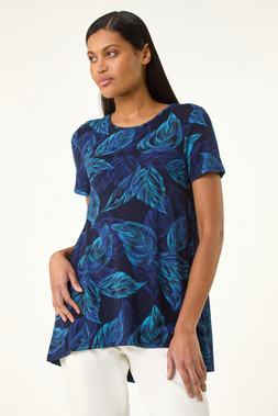 Roman Leaf Print Stretch Tunic Top