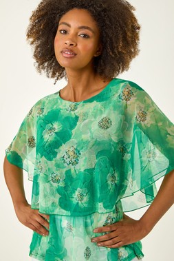 Roman Green Floral Mesh Overlay Top