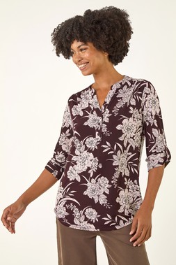Roman Burgundy Floral Puff Print Stretch Shirt