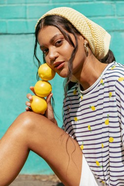 Roman Navy Stripe Lemon Printed Top