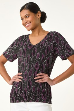 Roman Black V-Neck Print Band Hem