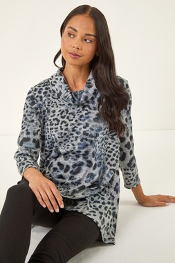 Roman Petite Grey Brushed Animal Print Wrap Top