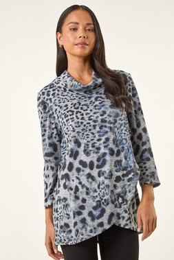 Roman Petite Grey Brushed Animal Print Wrap Top