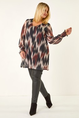 Brown Curve Abstract Print Mesh Top