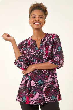 Roman Pink Abstract Animal Print Pintuck Shirt