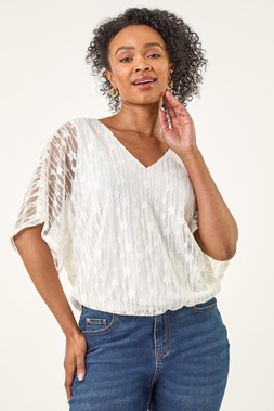 Roman Petite Ivory Mesh V-Neck Blouson Top