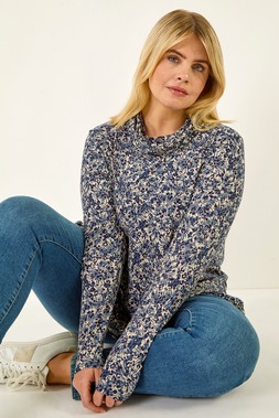 Roman Curve Blue Spot Print Cowl Neck Top