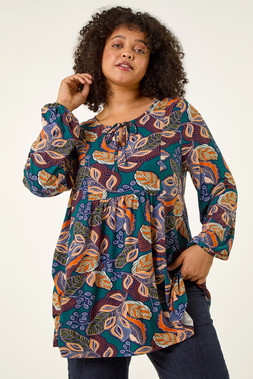 Roman Curve Floral Gathered Tie Front Top