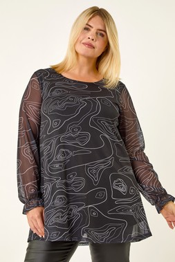 Black Curve Swirl Print Stretch Top