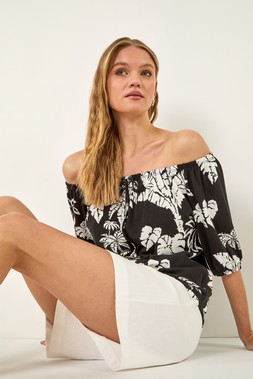 Roman Leaf Print Bardot Tie Front Stretch Top