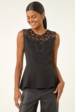 Roman Black Lace Ponte Peplum Top