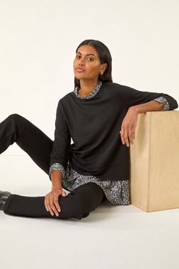 Roman Black Abstract Print Trim Tunic