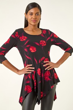 Red Floral Print Asymmetric Stretch Top