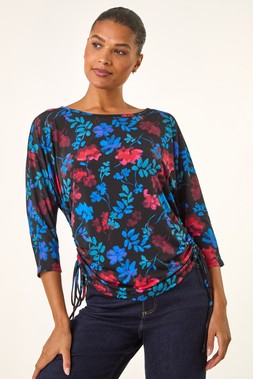 Roman Blue Floral Print Tie Detail Stretch Top
