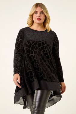 Black Curve Velvet Chiffon Hem Top