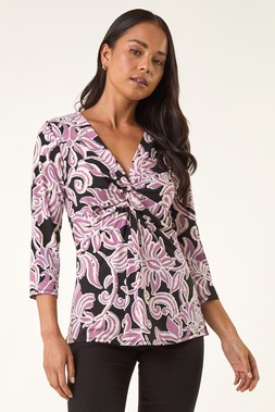 Roman Petite Black Abstract Print Knot Front Top