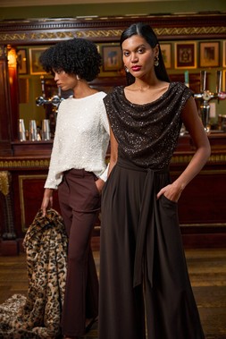 Roman Chocolate Sequin Bodice Cowl Neck Jumpsuit