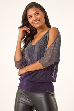 Roman Purple Metallic Plisse Banded Hem Top