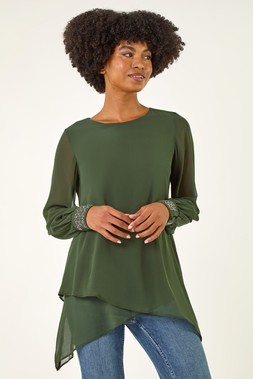 Roman Dark Green Sparkly Detail Layered Top