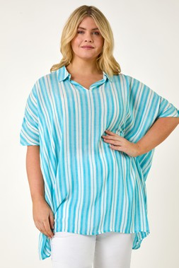 Roman Curve Blue Stripe Popover Woven Top