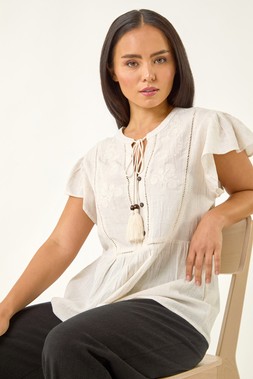 Roman Petite Ivory Embroidered Tassel Tie Top