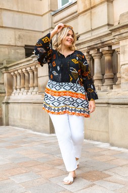 Roman Curve Orange Ikat Print Woven Top