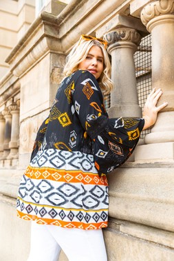 Roman Curve Orange Ikat Print Woven Top