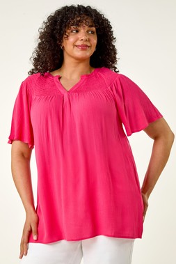 Roman Curve Pink Shirred Yoke Top