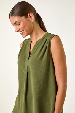 Roman Petite Khaki V-Neck Front Pleat Vest Top