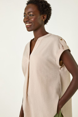 Roman Beige Pleated Notch Neck Top