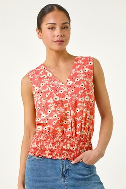 Roman Petite Coral Ditsy Shirred Blouson Top