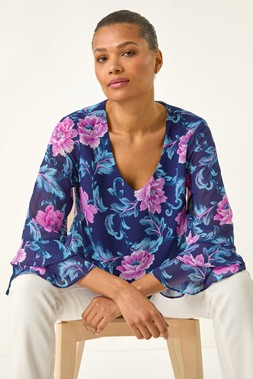 ROman Floral Print Frill Sleeve Top