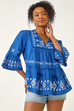 Roman Petite Blue Contrast Print Pom Pom Top