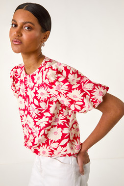 Roman Floral Print Balloon Sleeve Top
