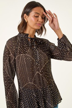 Roman Black Spot Print Tie Neck Pleated Top