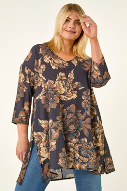 Roman Curve Brown Floral Print Tunic Top