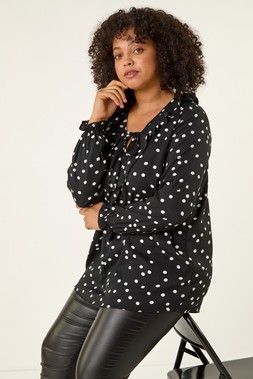 Roman Curve Black Polka Dot Ruffle Top