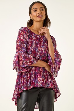 Wine Metallic Abstract Pleated Top