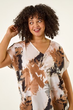 Roman Curve Brown Printed V-Neck Woven Top